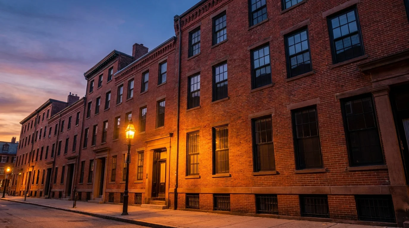 A row of classic Boston brick rowhouses at dusk lit by a glowing gas street lamp