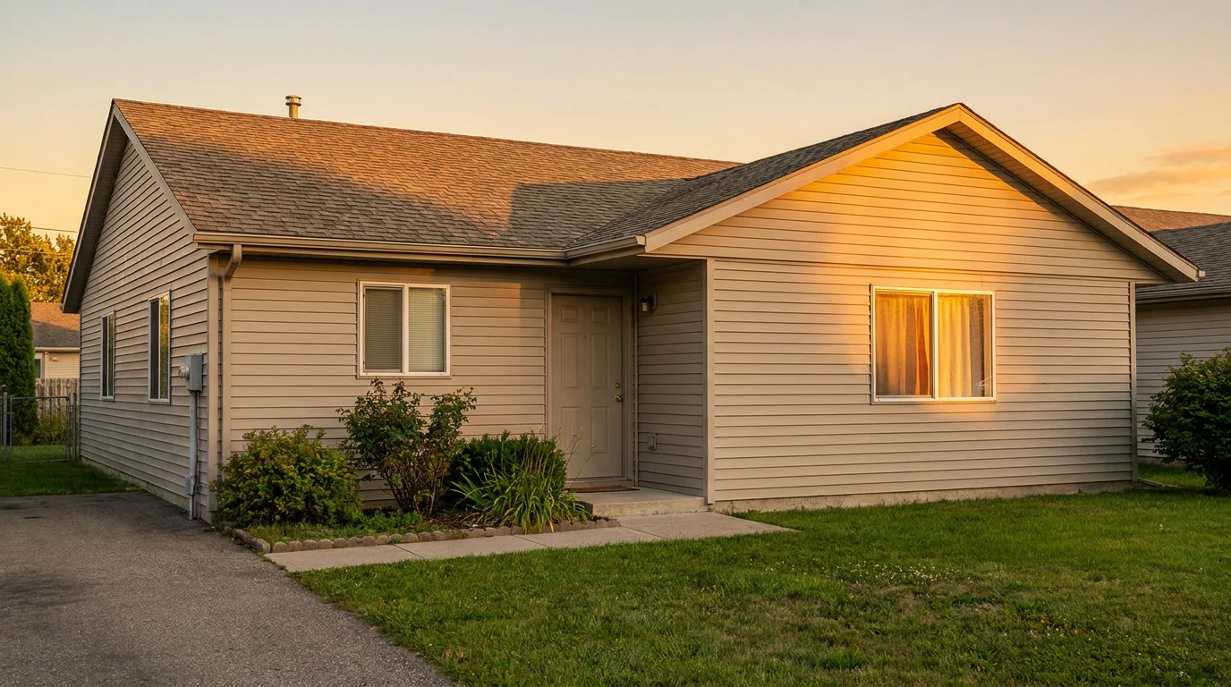 A tan vinyl-sided single-story ranch rental home with a tidy lawn at golden hour in Wisconsin
