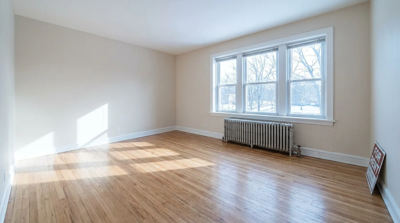 An empty sunlit rental room with hardwood floors, a cast-iron radiator under a window, and a For Rent sign in the corner
