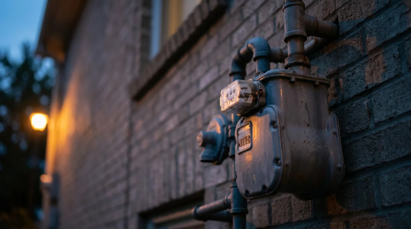 A gas utility meter mounted on a brick rental building at dusk, with an exterior lamp glowing nearby