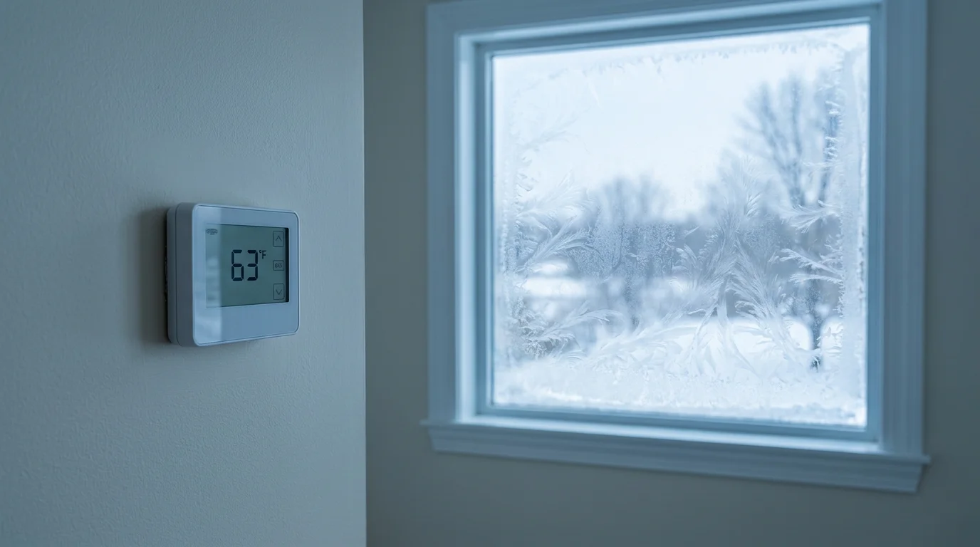 A wall thermostat reading a cold 63 degrees beside a frost-covered window overlooking a snowy Nebraska winter