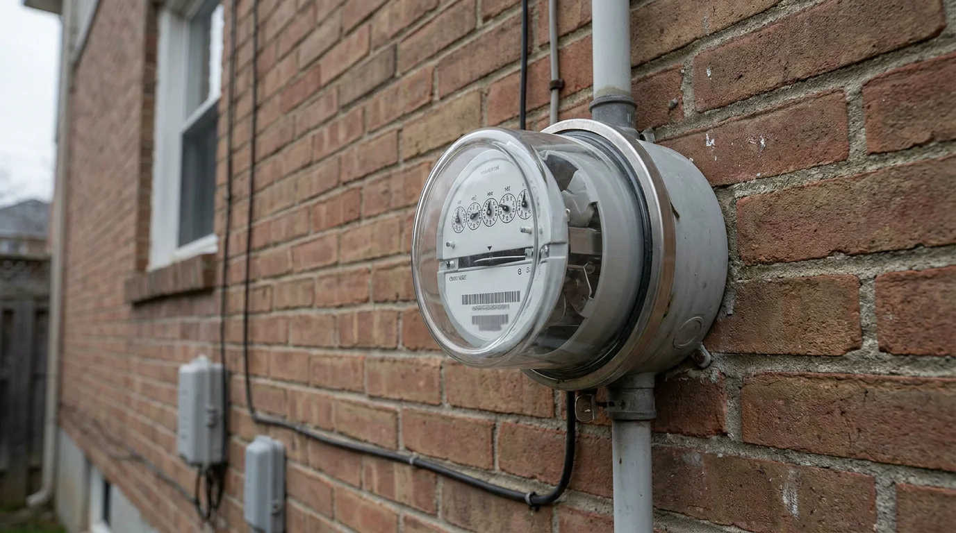 An electric utility meter mounted on the brick exterior wall of a Connecticut rental building