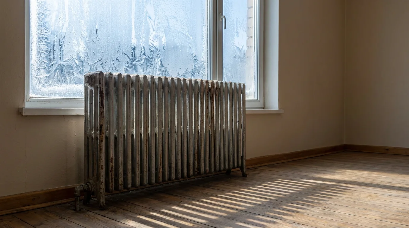 An old cast-iron radiator in an empty room before a frost-covered window in a New Jersey winter rental