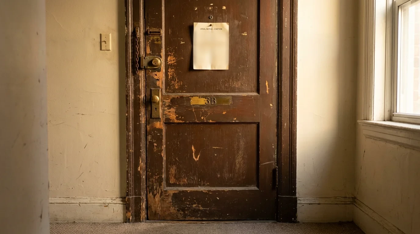 A legal eviction notice posted on the worn brown door of apartment 3B in a dim hallway