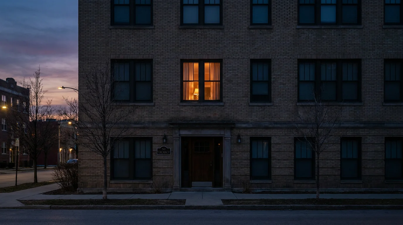 A brick apartment building at dusk with one warm-lit occupied window and a No Vacancy sign by the entrance