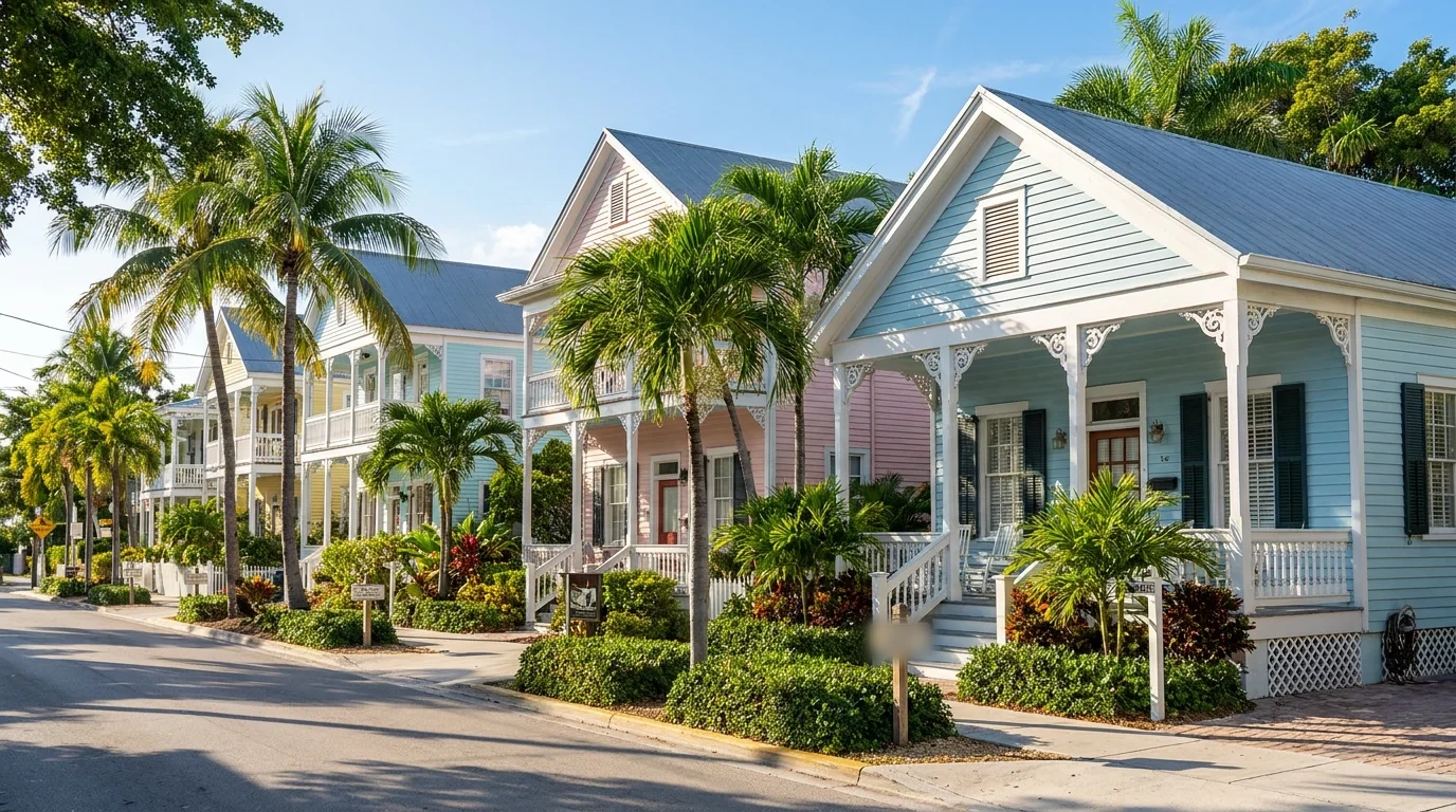 A row of pastel Key West conch cottages with porches and palm trees on a sunny Florida street