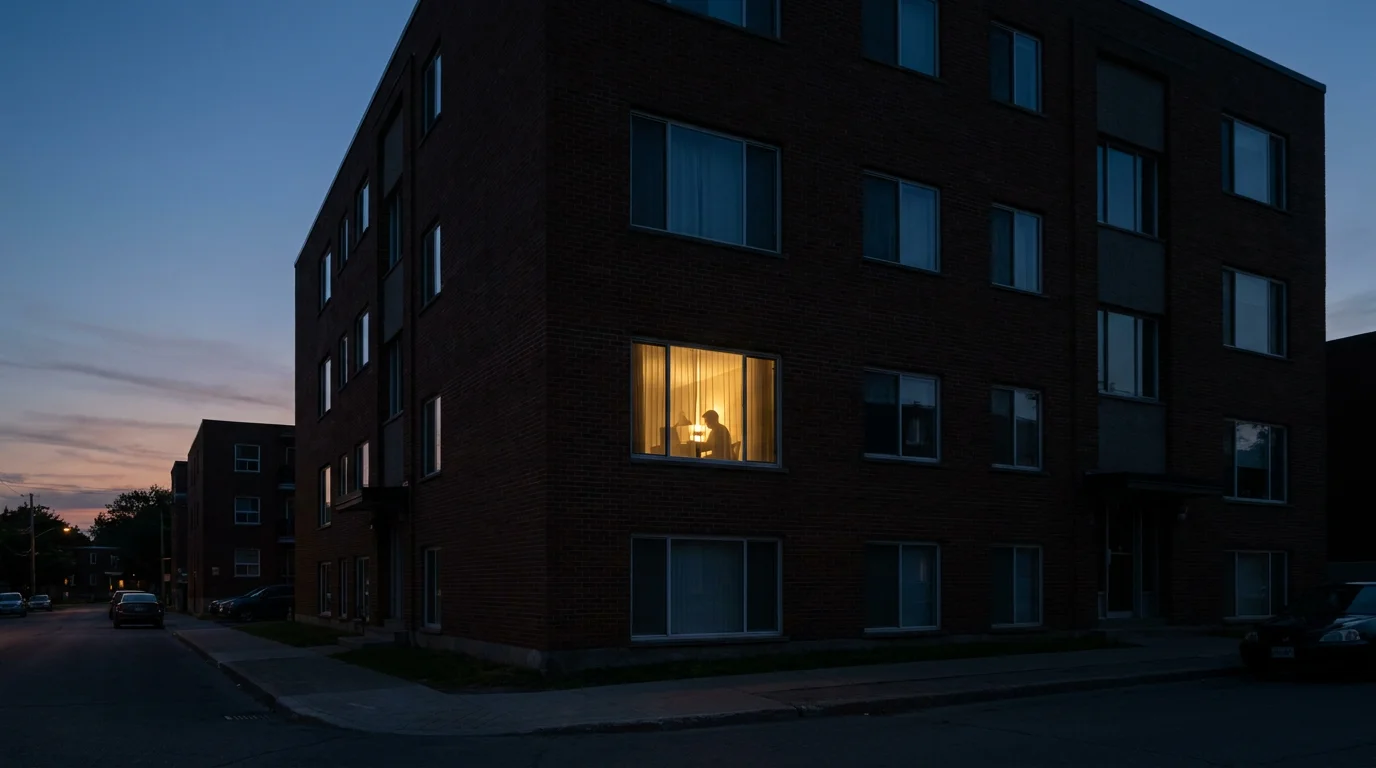 A brick apartment building at dusk with one warm-lit window where a person sits at a lamp