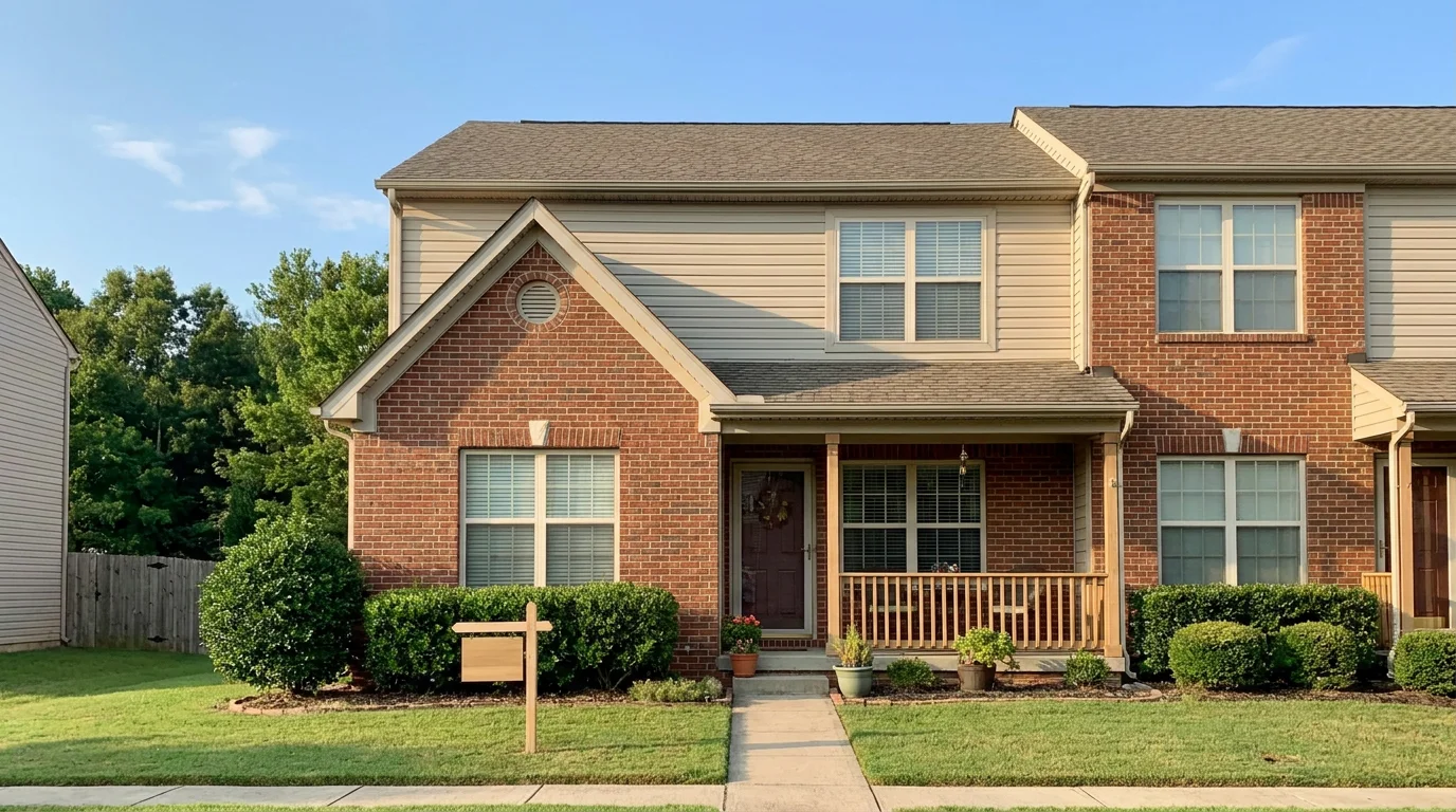 A brick townhome with a covered front porch and tidy landscaping on a sunny North Carolina street
