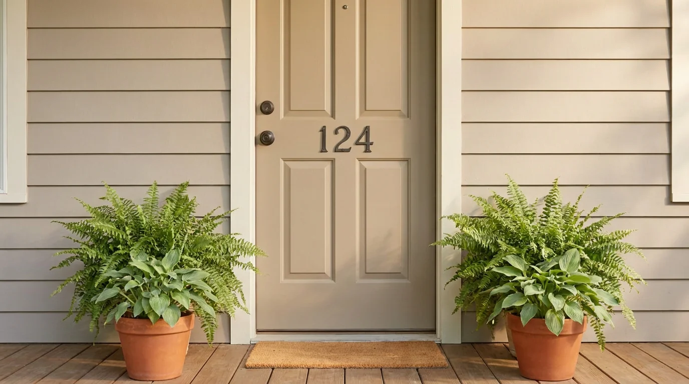 A tan front door with house number 124 flanked by two potted ferns on a wood porch