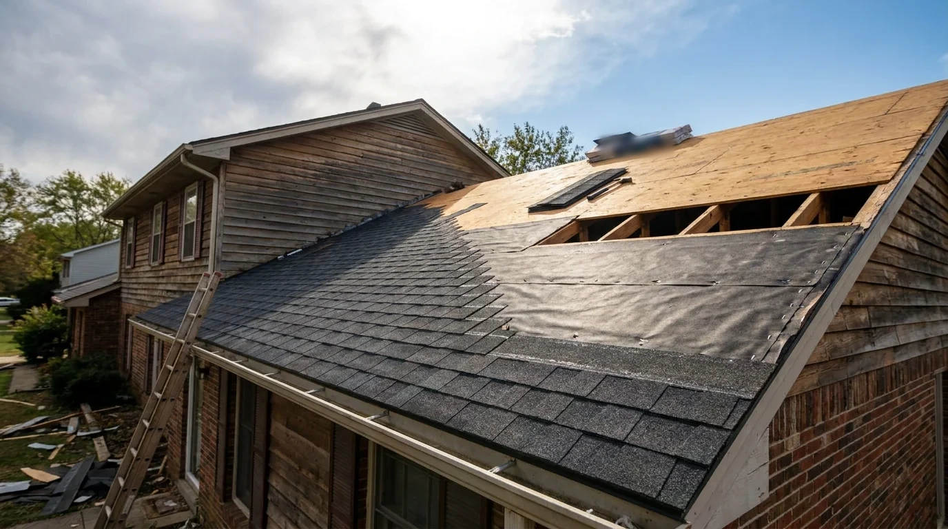 A storm-damaged two-story home mid-reroof, with half the roof stripped to bare plywood decking and exposed rafters, a ladder against the wall, and debris in the yard