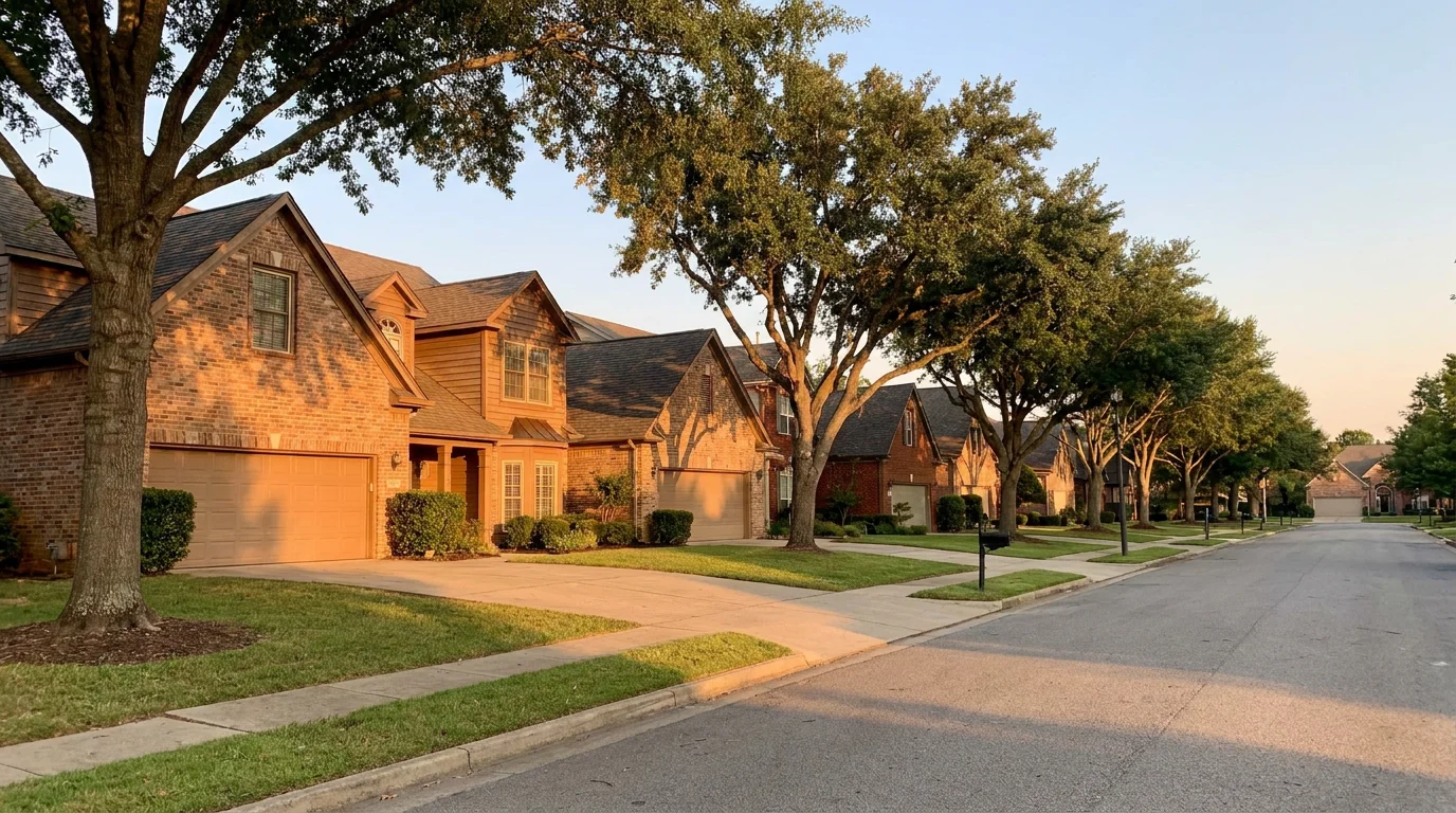 Tree-lined suburban street of brick homes in a planned community at sunset