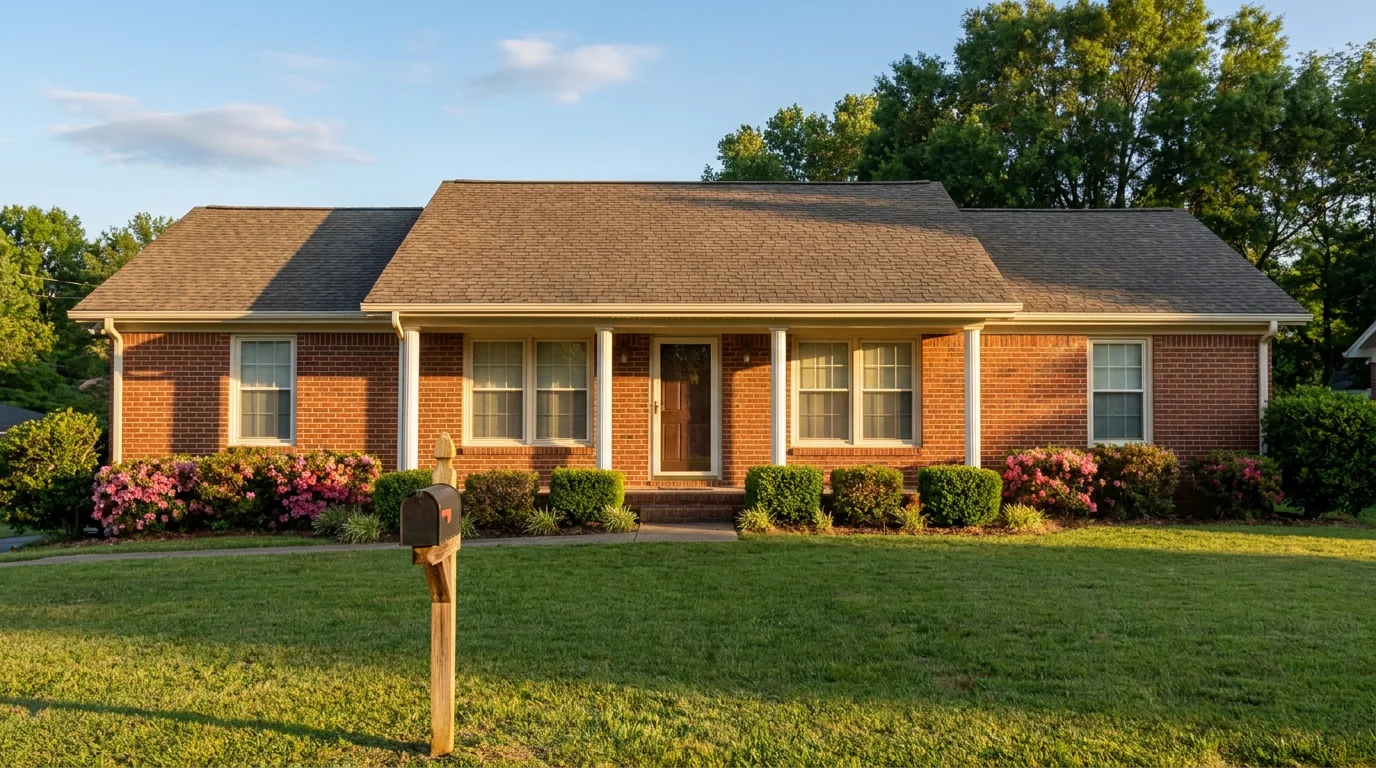 Brick ranch-style home with a front porch, mailbox and blooming azaleas at golden hour