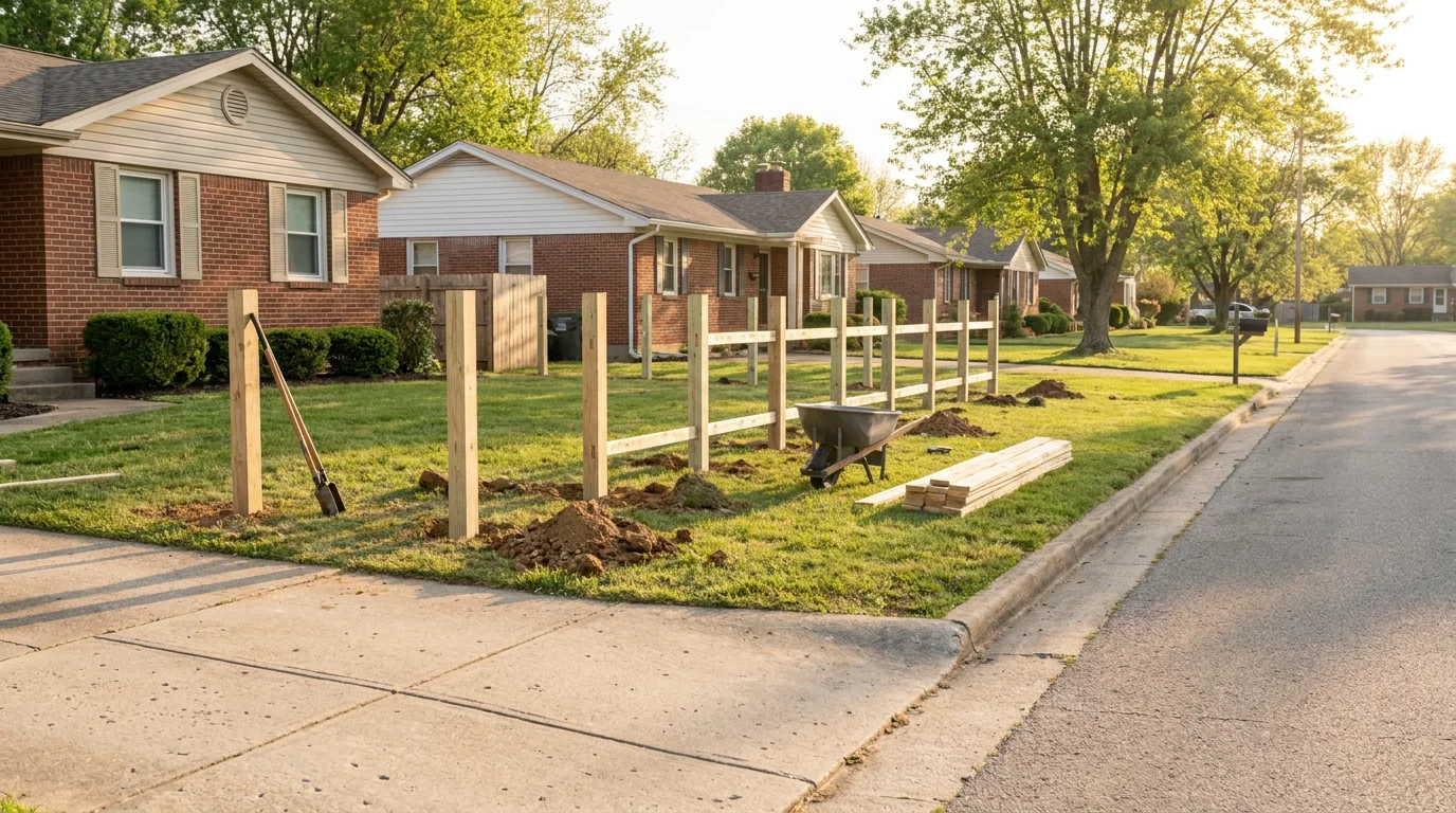 Wooden fence under construction in a suburban front yard with posts, rails and a wheelbarrow
