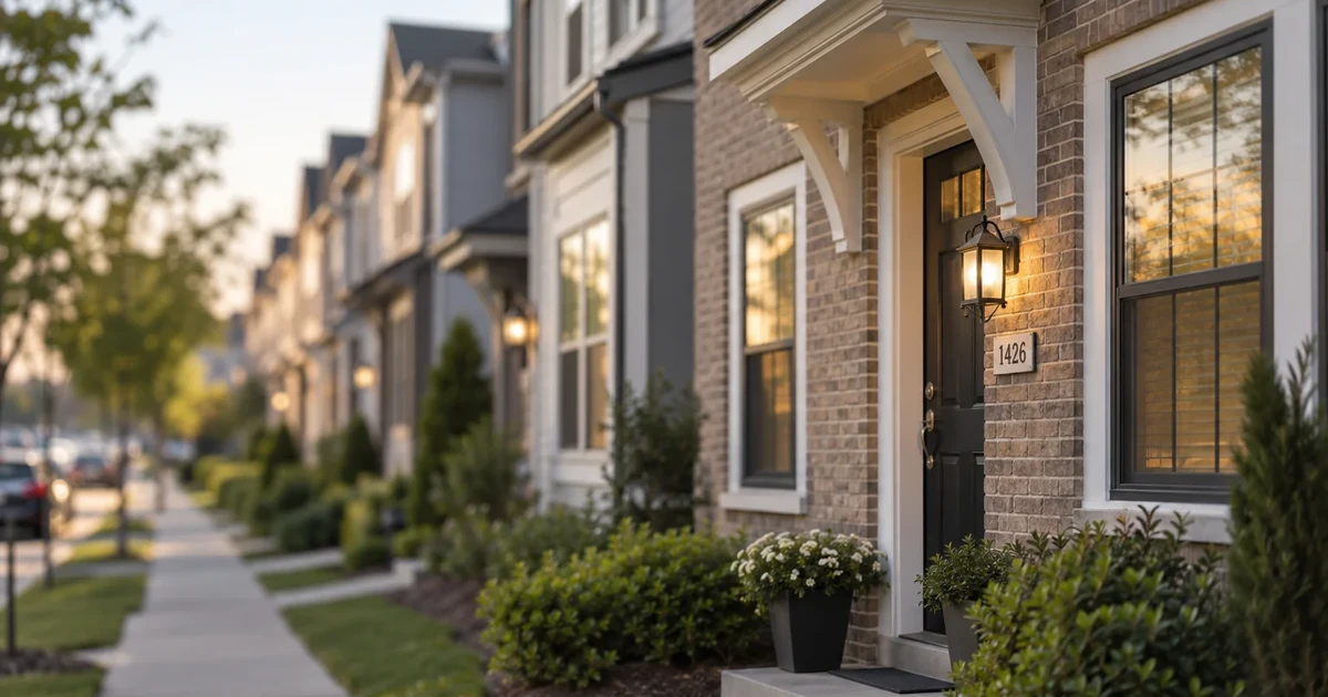 Brick townhomes at golden hour with a lit porch lantern and landscaped front walk