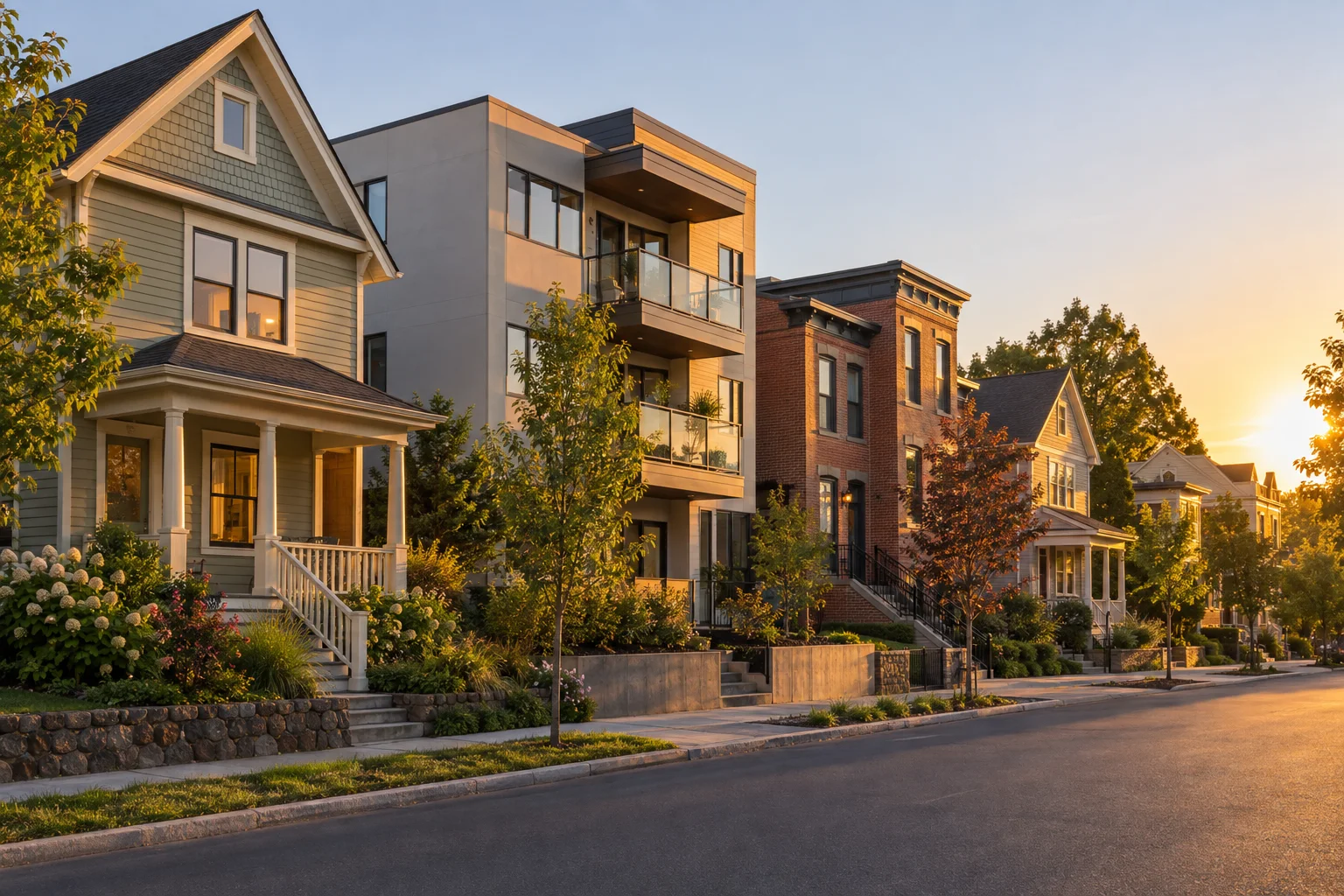 Row of houses and small apartment buildings on a Virginia residential street at sunset