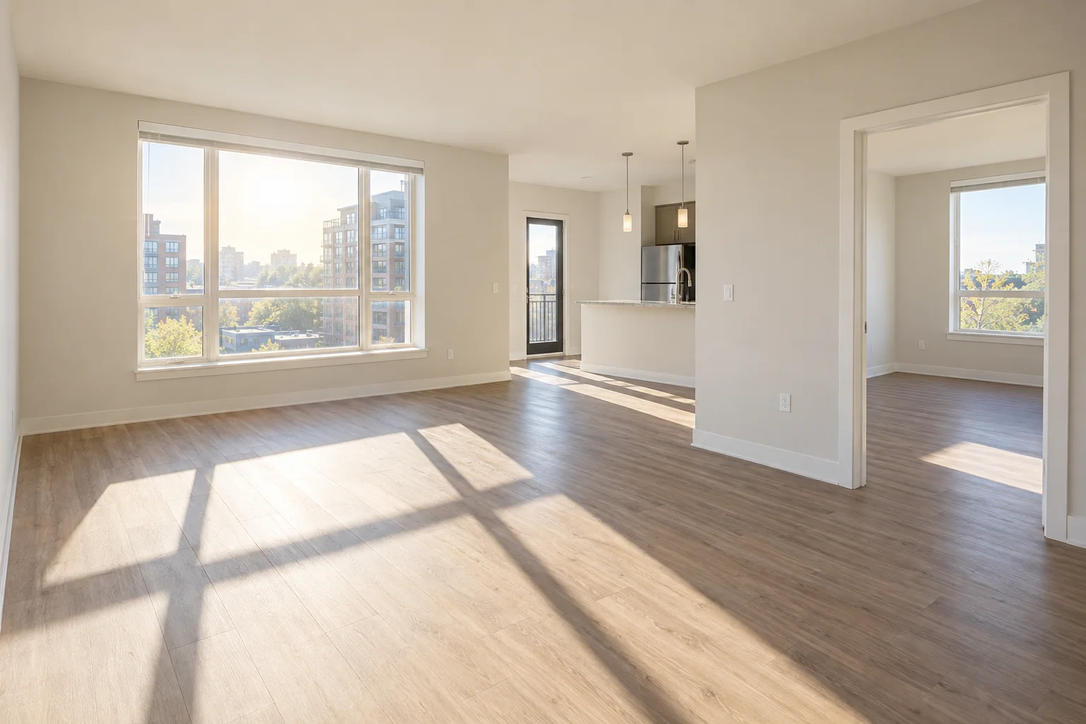 Empty apartment living room with large windows, wood floors, and a city view