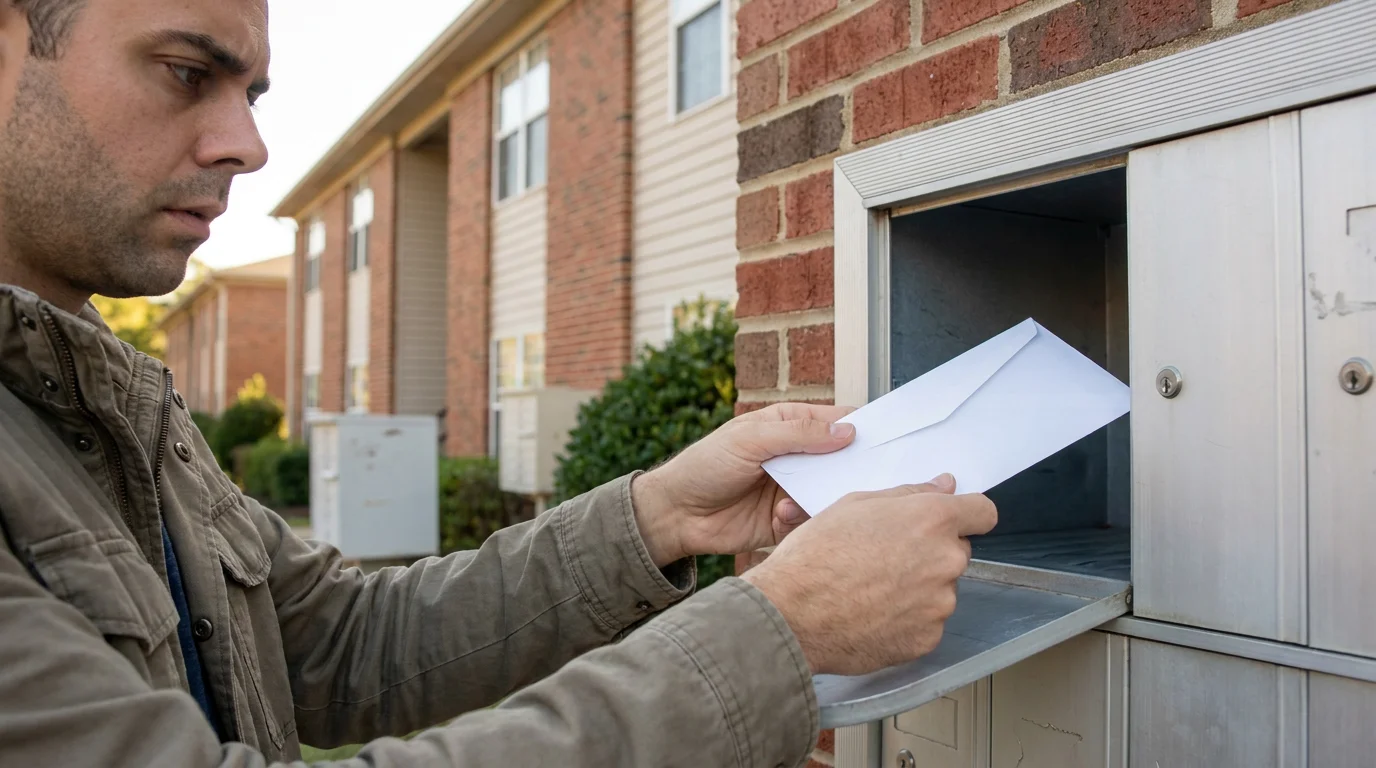 Person taking a blank envelope from an apartment mailbox outside a brick rental building