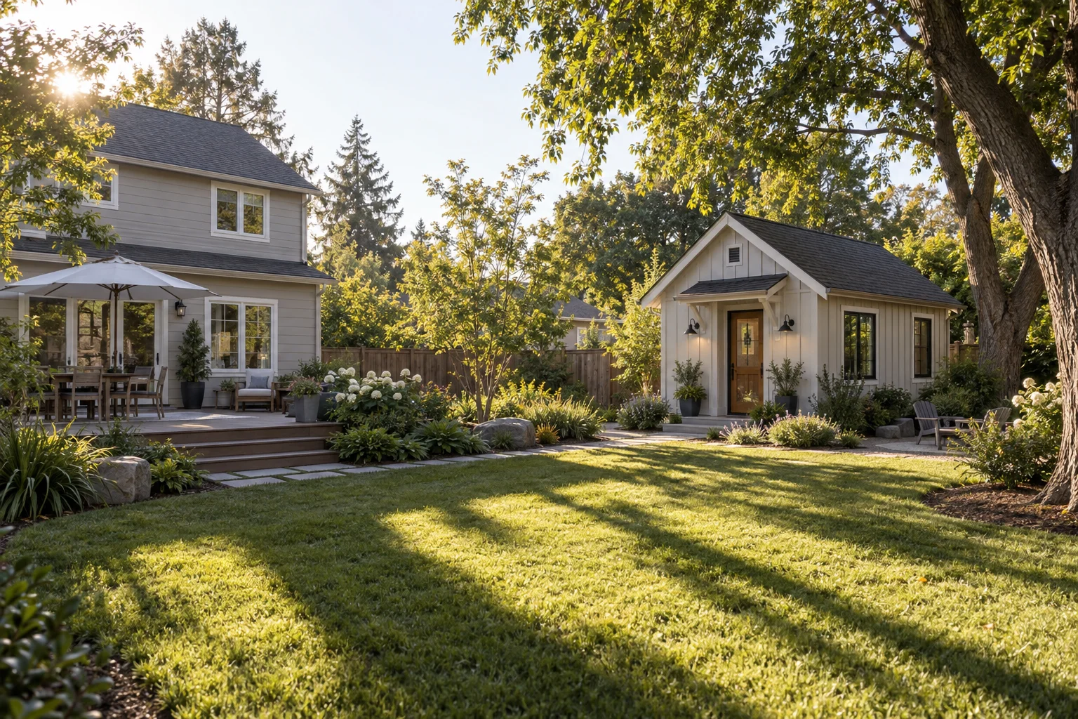 Detached backyard cottage ADU beside a two-story main house on a landscaped lawn