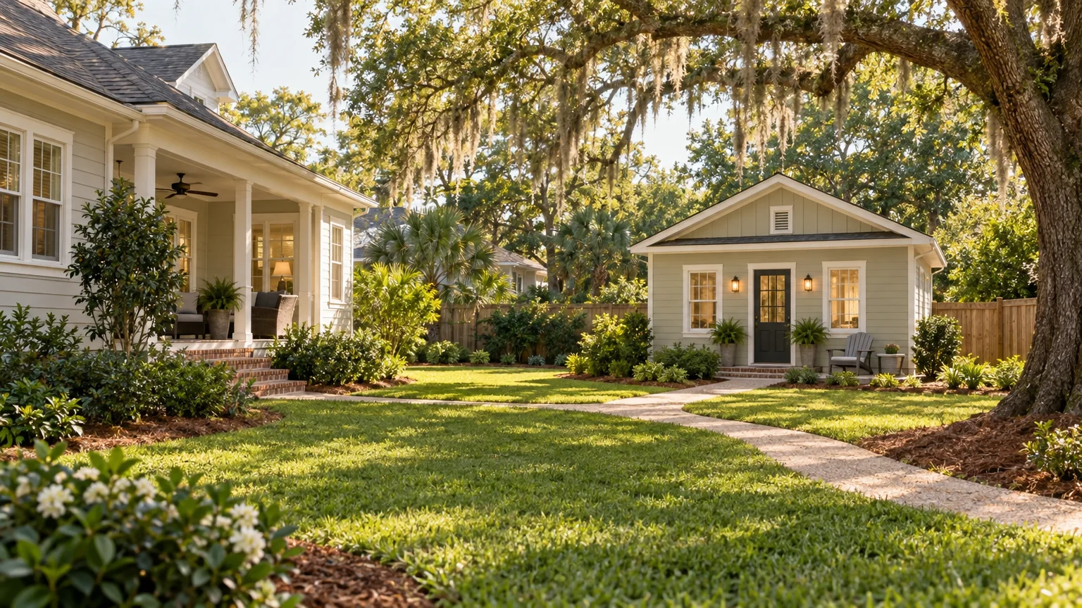 Detached backyard cottage ADU beside a cream clapboard main house under live oaks draped with Spanish moss
