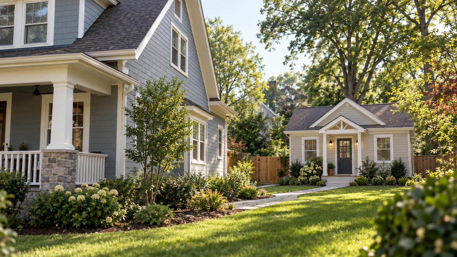 Detached backyard cottage ADU behind a gray clapboard house with a covered porch