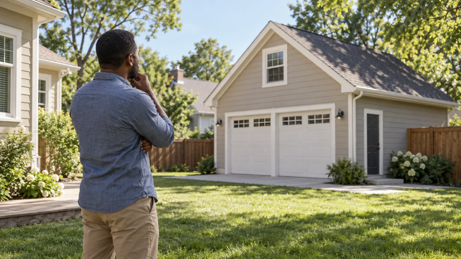 A homeowner stands on a lawn looking toward a detached two-car garage with an upper-floor window, the typical starting point for a coach house conversion.