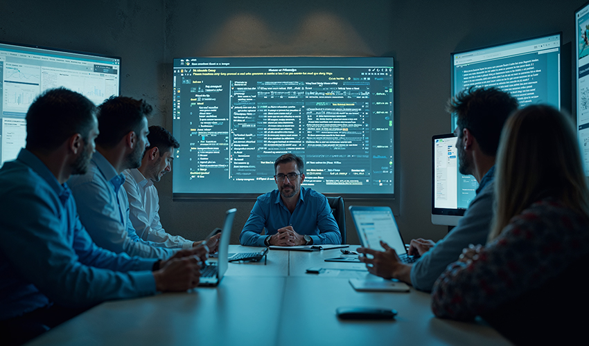 A team of people collaborating on strategy for manufacturing, engineering, and IT.