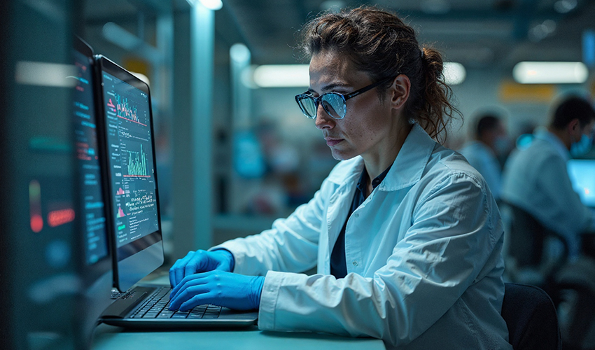 A woman in a lab using software to analyze data.