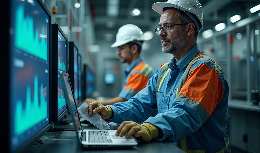 Manufacturing operators looking at dashboard data.