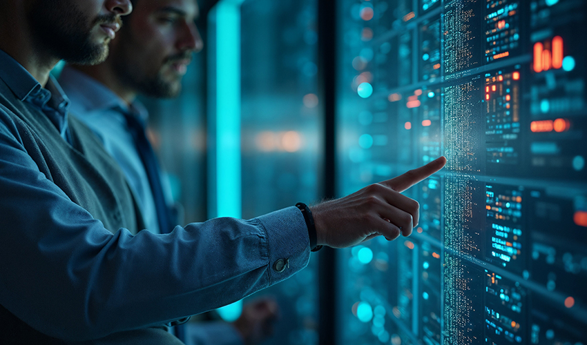 A man touching a display screen with data points.