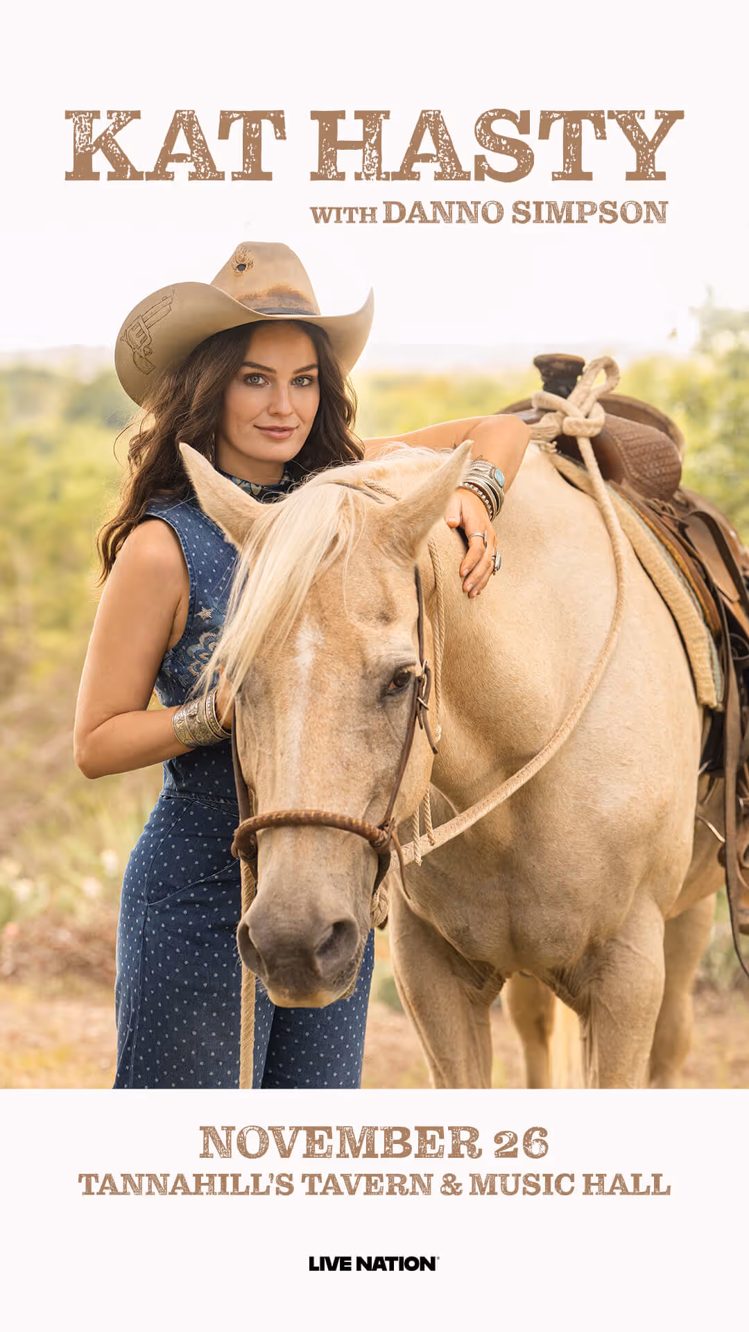 Kat Hasty wearing a cowboy hat standing outdoors with a light-colored horse, promoting a November 26 show at Tannahill's Tavern & Music Hall.