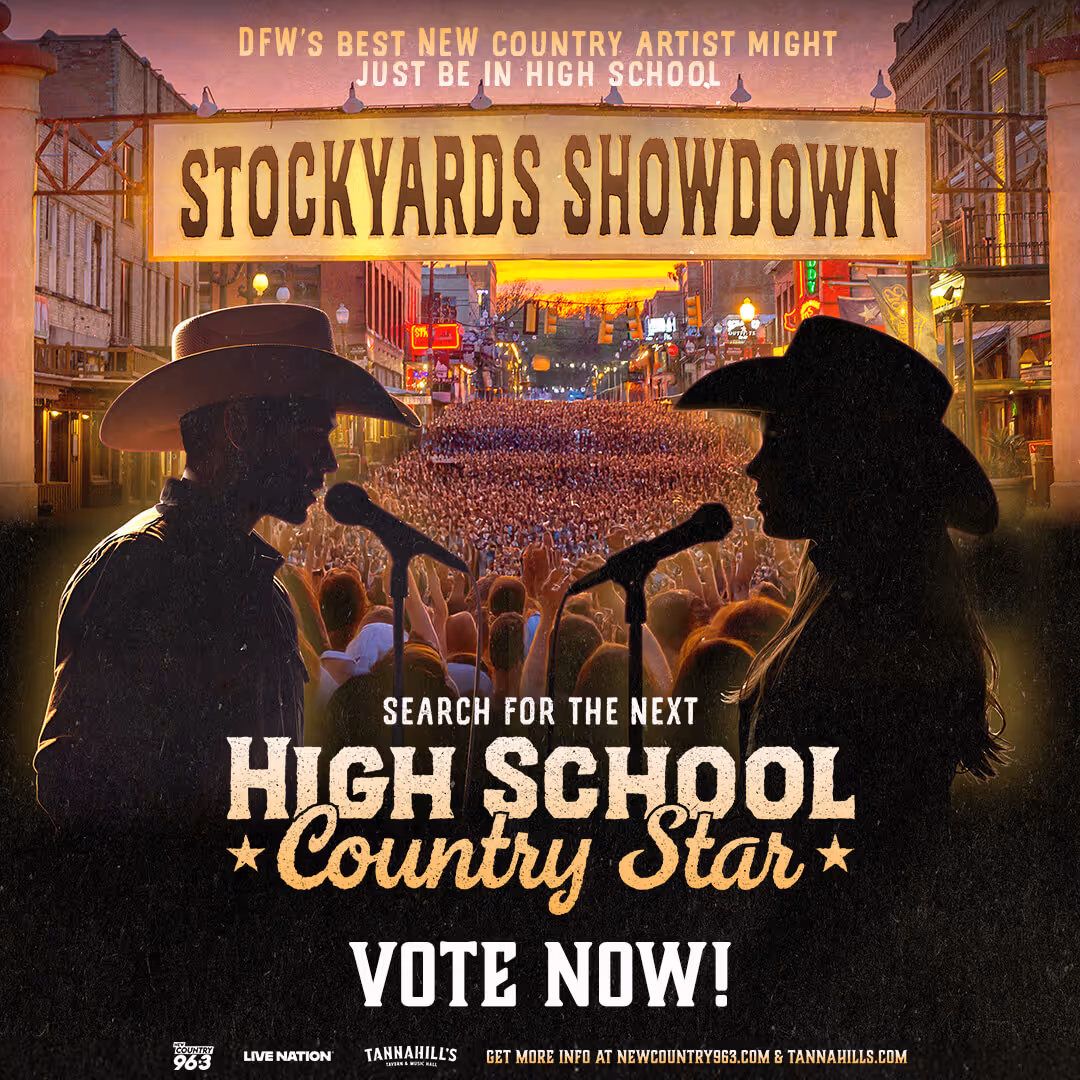 Silhouettes of a male and female singer in cowboy hats with microphones, a large crowd, sunset street scene, and text promoting Stockyards Showdown search for next high school country star with vote now call.