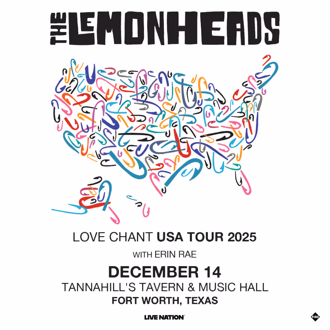 Tour poster for The Lemonheads' Love Chant USA Tour 2025 featuring abstract colorful safety pins forming a map of the United States, concert December 14 at Tannahill's Tavern & Music Hall in Fort Worth, Texas.