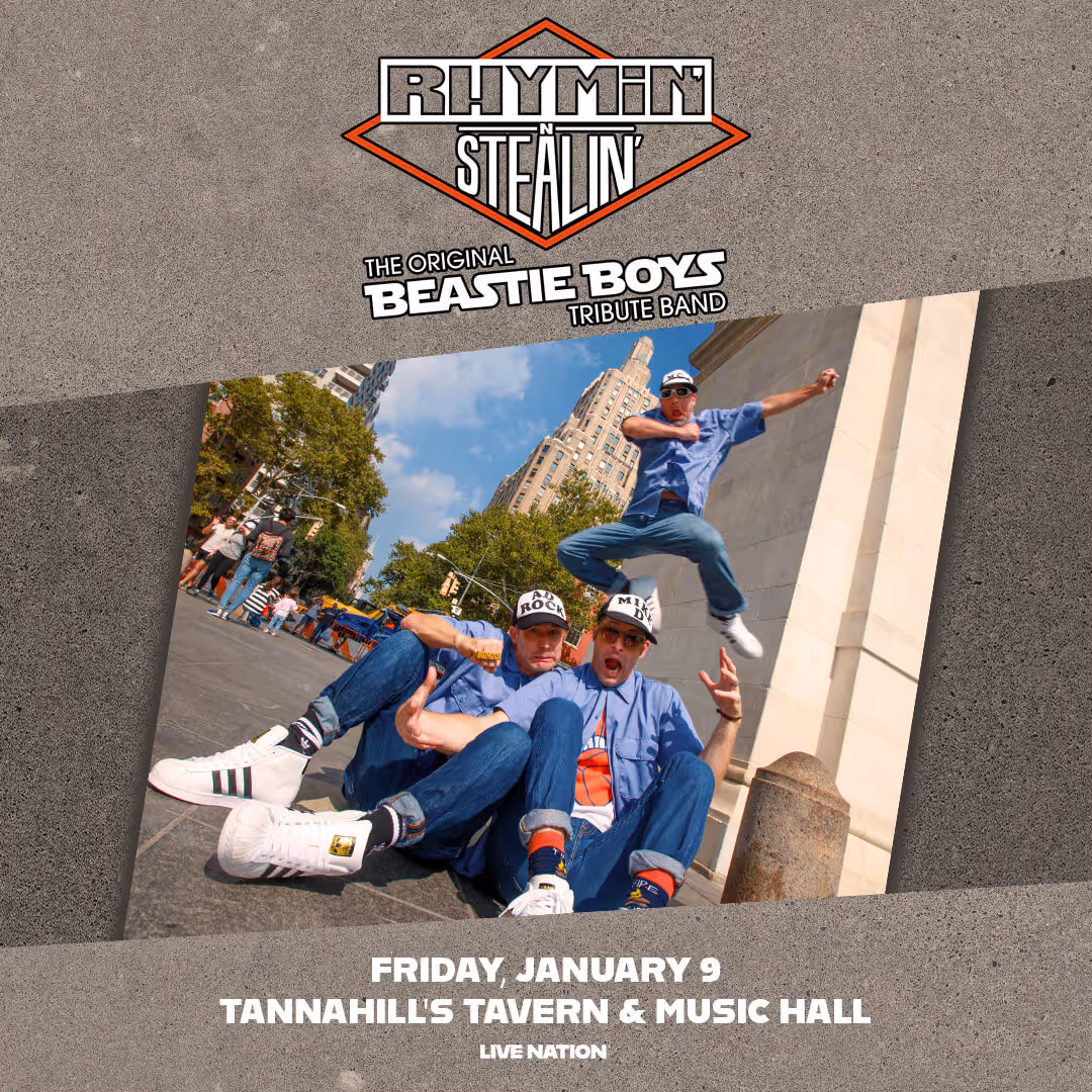 Promotional poster for Rhymin' Stealin', an original Beastie Boys tribute band, featuring three band members in casual clothes and hats in a cityscape, with event details at Tannahill's Tavern & Music Hall on Friday, January 9.