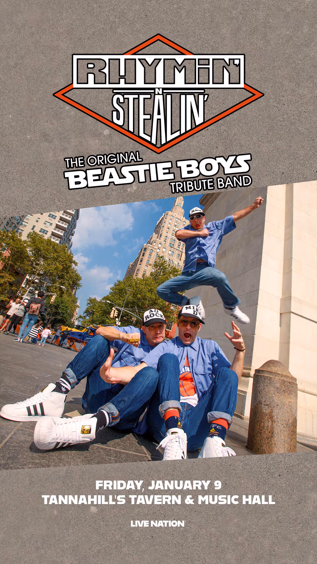 Promotional poster for Rhymin' Stealin', an original Beastie Boys tribute band, featuring three band members in casual clothes and hats in a cityscape, with event details at Tannahill's Tavern & Music Hall on Friday, January 9.