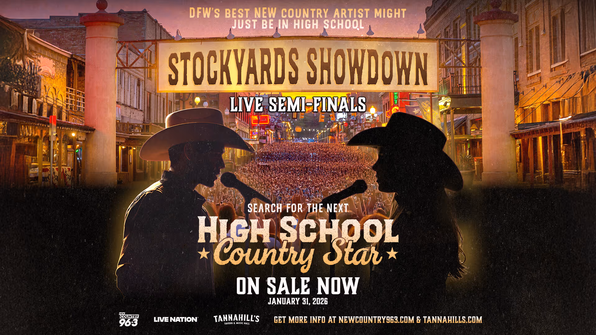 Poster for Stockyards Showdown live semi-finals featuring two silhouette country singers with cowboy hats singing to a large crowd, advertising a high school country star competition on sale January 31, 2026.