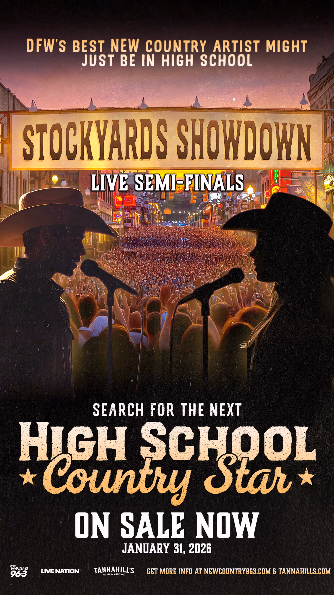 Poster for Stockyards Showdown live semi-finals featuring two silhouette country singers with cowboy hats singing to a large crowd, advertising a high school country star competition on sale January 31, 2026.