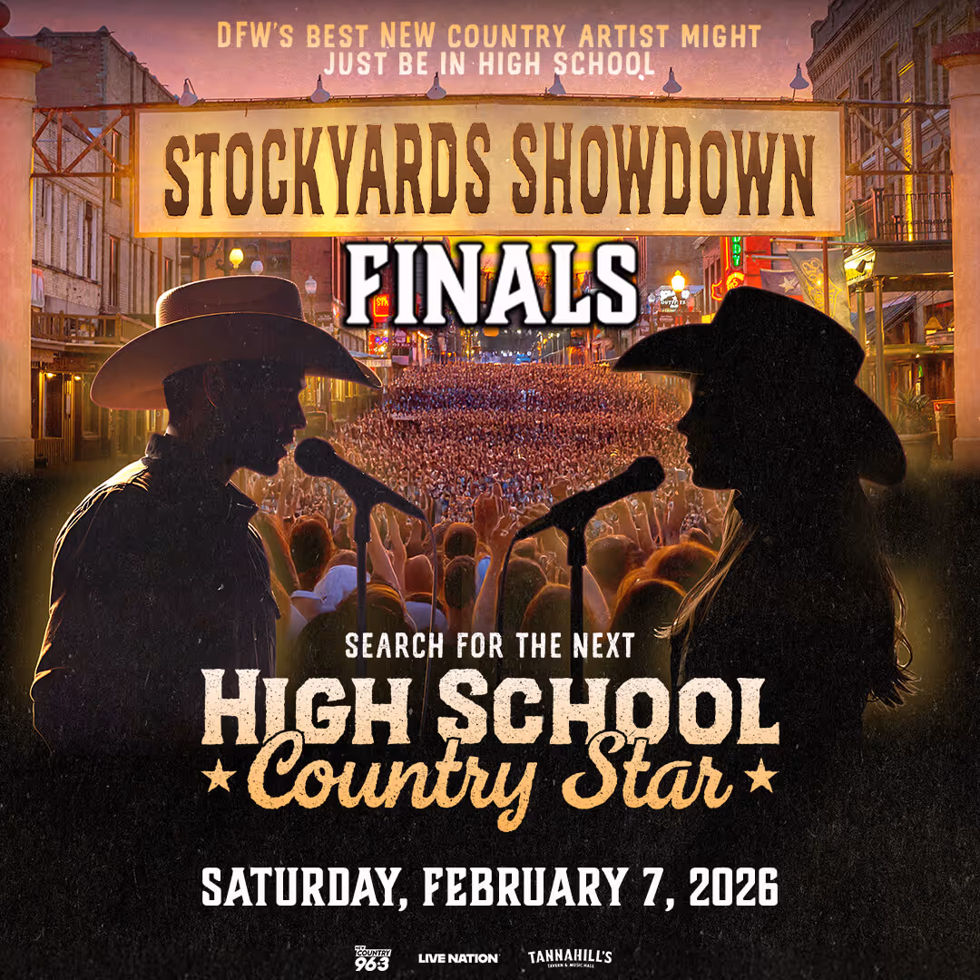 Poster for Stockyards Showdown Finals featuring silhouettes of two country singers with microphones against a large crowd in a street, promoting the search for the next High School Country Star event on February 7, 2026.