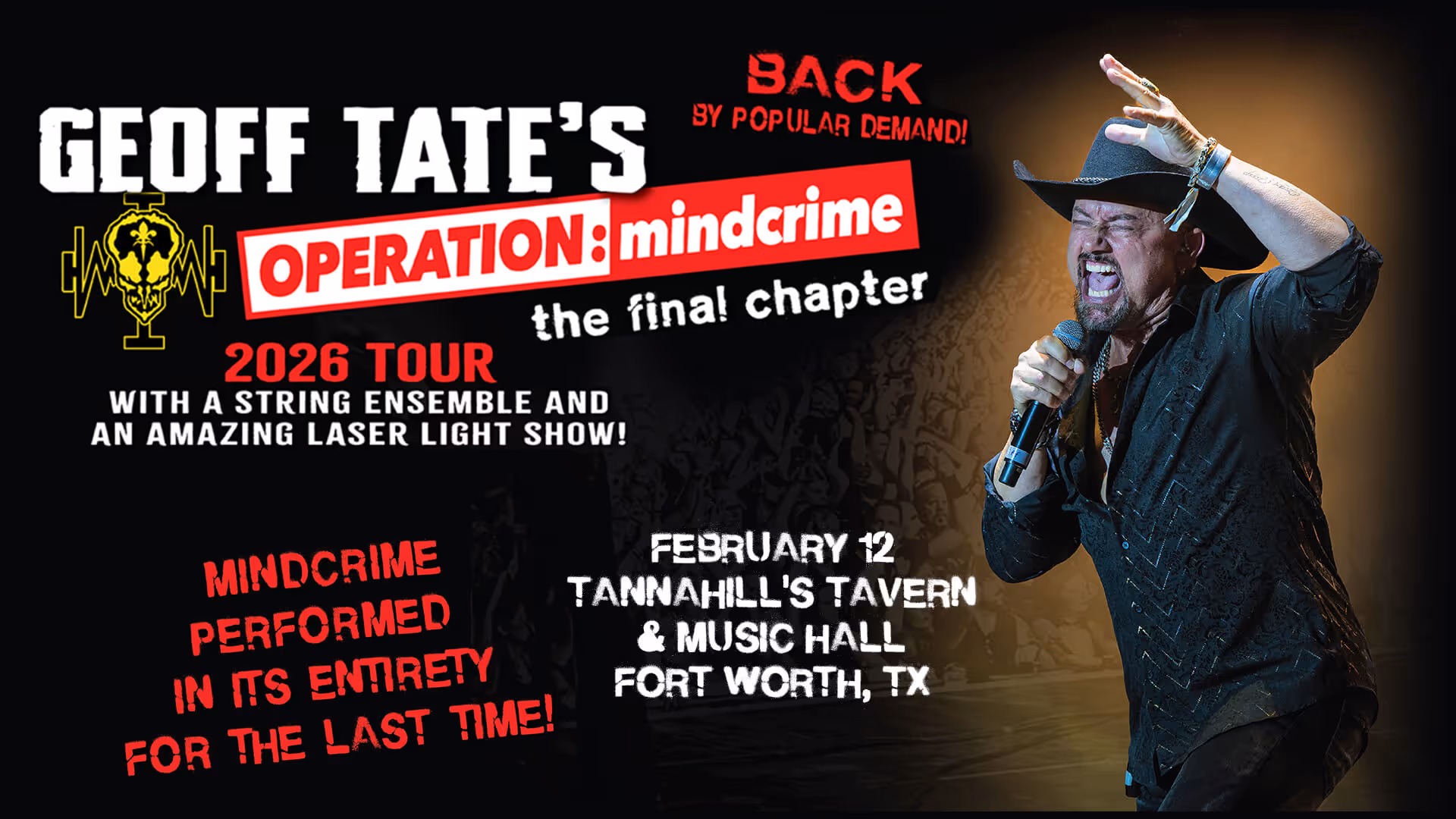 Promotional poster for Geoff Tate's Operation: Mindcrime 2026 tour final chapter, featuring a singer in a black cowboy hat and shirt holding a microphone with a cheering crowd background.
