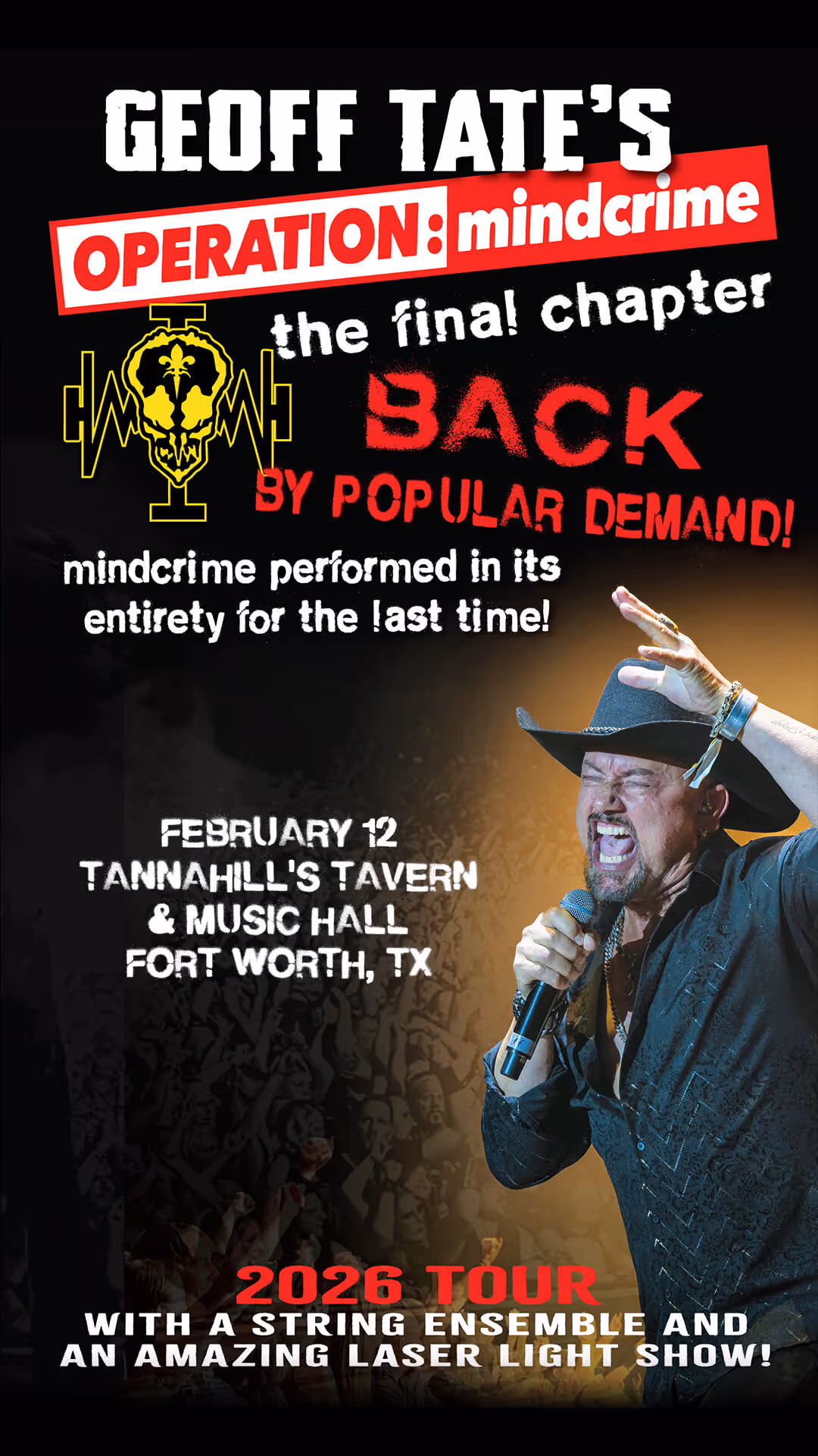 Promotional poster for Geoff Tate's Operation: Mindcrime 2026 tour final chapter, featuring a singer in a black cowboy hat and shirt holding a microphone with a cheering crowd background.
