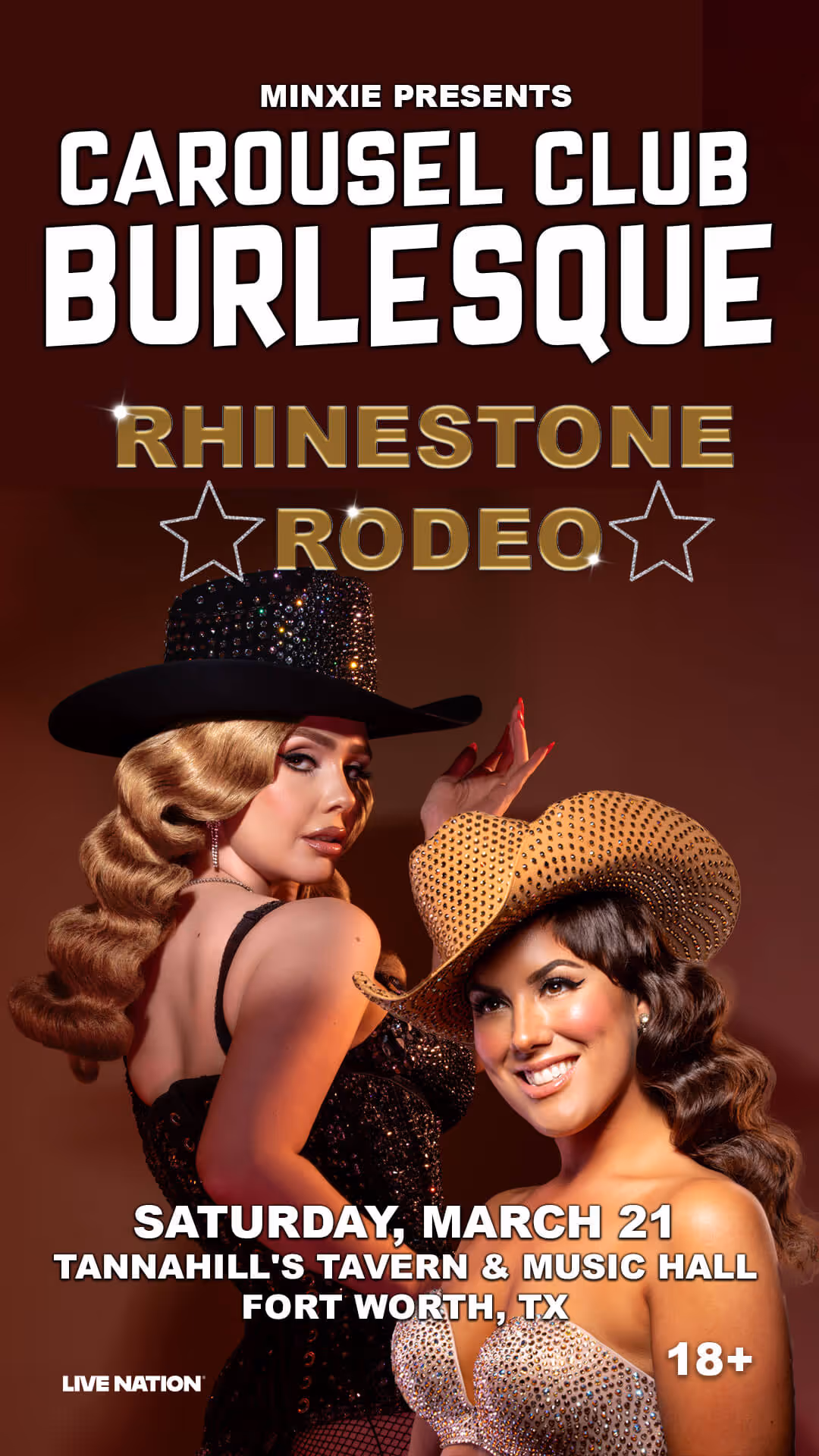 Poster for Carousel Club Burlesque Rhinestone Rodeo event featuring two women in rhinestone-studded cowboy hats and glamorous outfits, event details below.