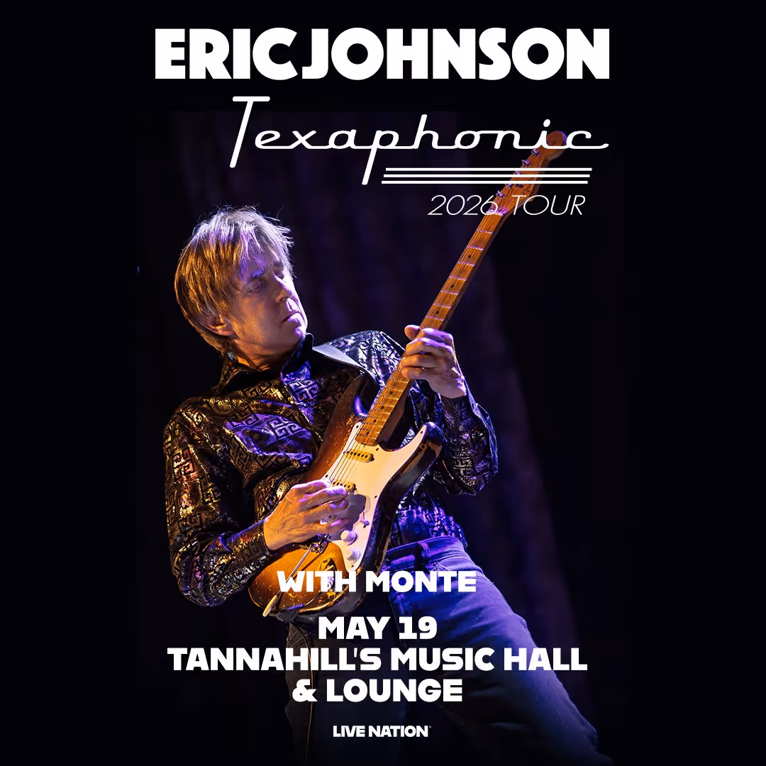 Eric Johnson playing electric guitar on stage during 2026 Texaphonic tour, May 19 at Tannahill's Music Hall & Lounge with Monte.