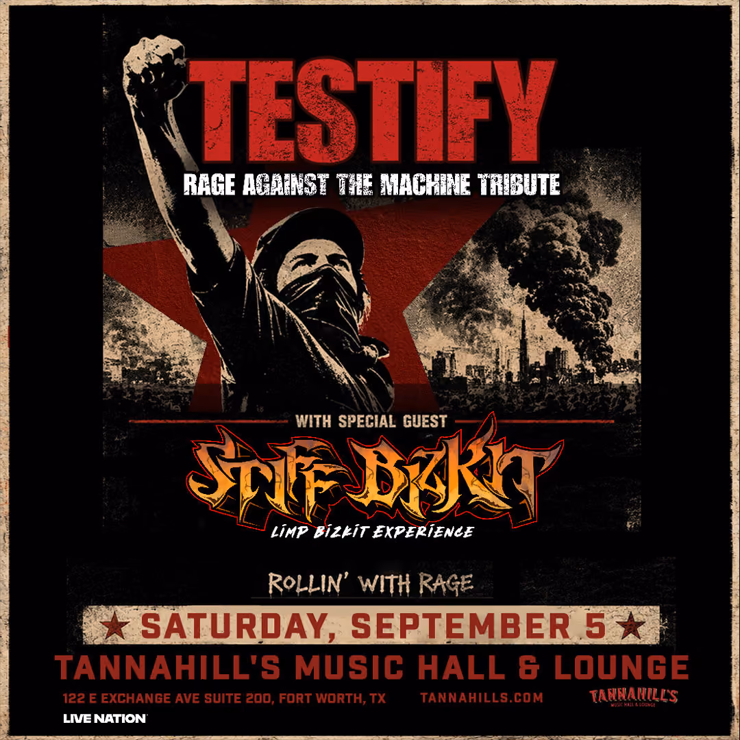 Testify, a Rage Against The Machine tribute, with Stiff Bizkit at Tannahill's Music Hall & Lounge, Saturday September 5