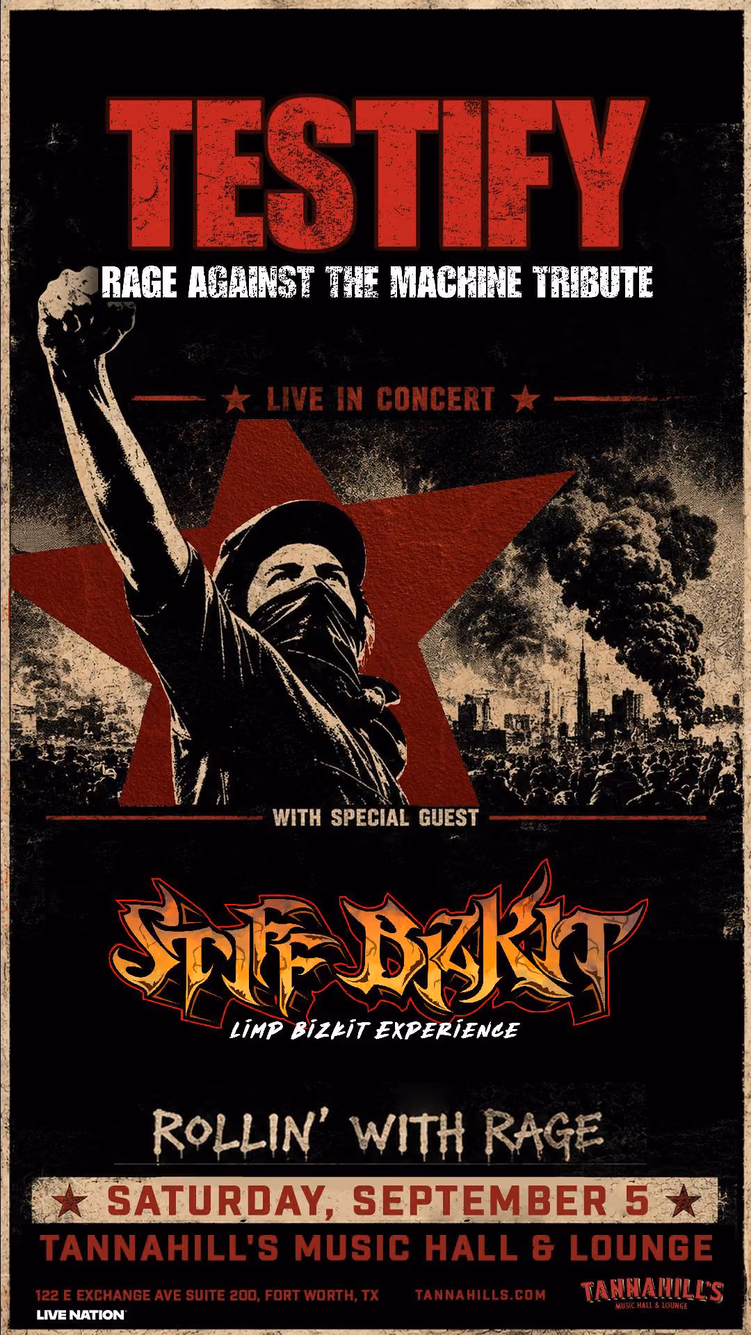Testify, a Rage Against The Machine tribute, with Stiff Bizkit at Tannahill's Music Hall & Lounge, Saturday September 5