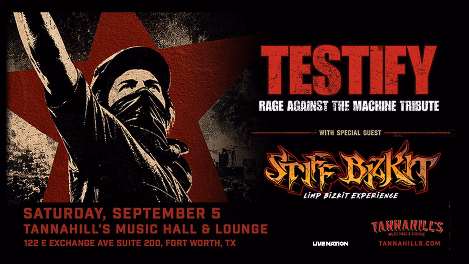 Testify, a Rage Against The Machine tribute, with Stiff Bizkit at Tannahill's Music Hall & Lounge, Saturday September 5