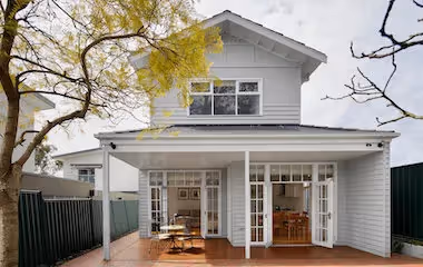 Outdoor facade of a modern two-storey white house