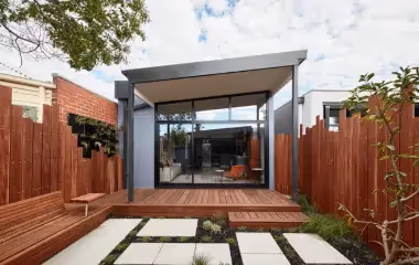 A exterior of a beautiful home extension we built for a Northcote home that demonstrates how a small space can be a cozy, safe and practical space.