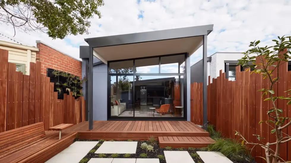A exterior of a beautiful home extension we built for a Northcote home that demonstrates how a small space can be a cozy, safe and practical space.