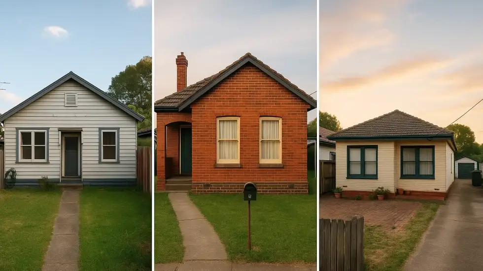 A triptych showing three distinct Melbourne homes: a single-storey weatherboard house with a deep backyard ideal for a ground floor extension; a brick veneer home with a pitched roof and elevated structure, suited to a second storey addition; and a wide-block post-war home with side access and rear space for a detached unit.