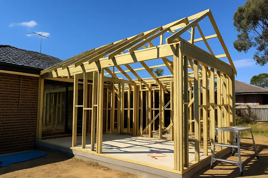 Timber framing for a rear home extension under construction on a sunny day in suburban Melbourne, showing the early build stage with clean lines and an organised site.