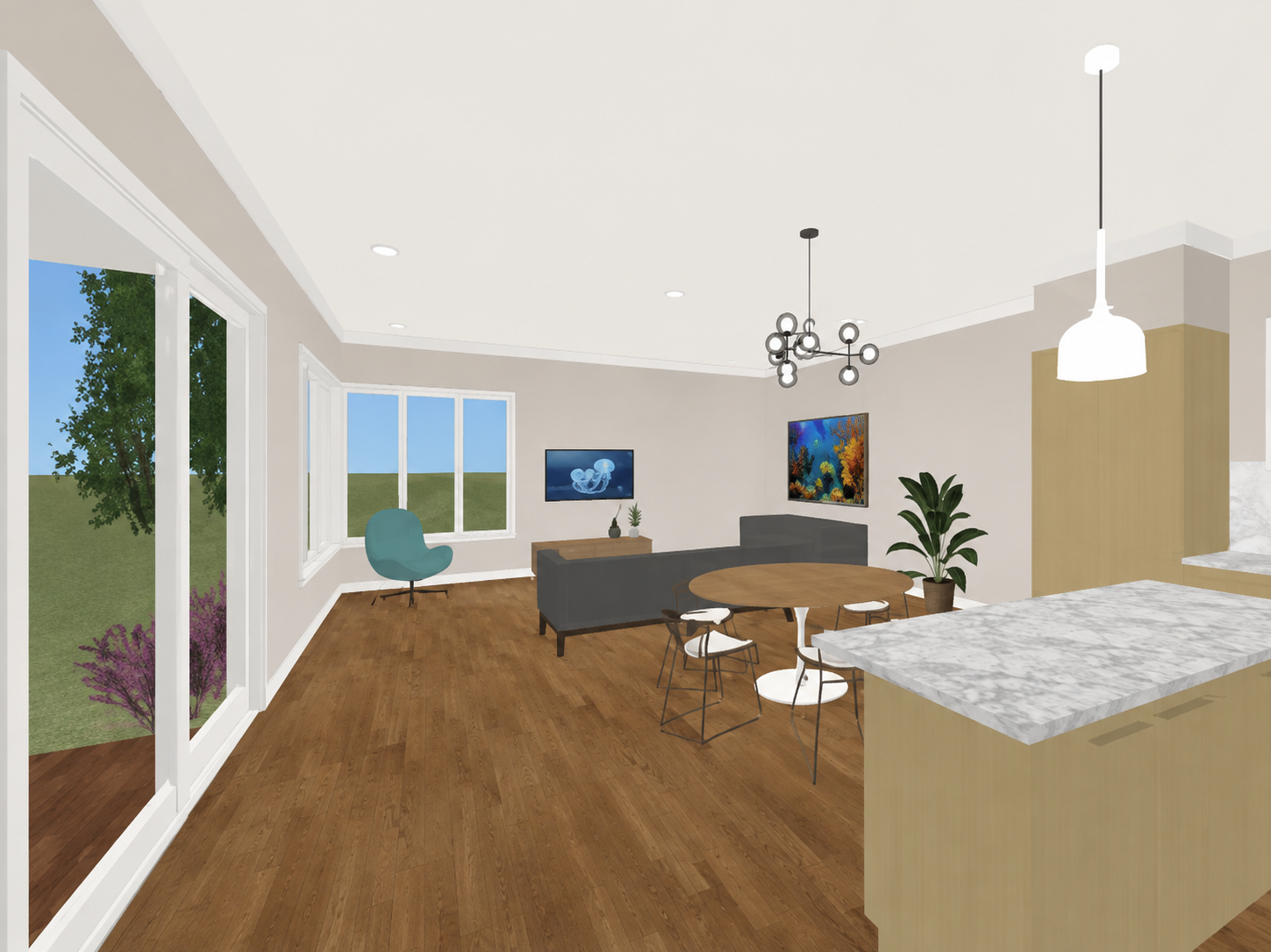 3D render of an open-plan living, dining and kitchen area with timber flooring and a kitchen island in the foreground.